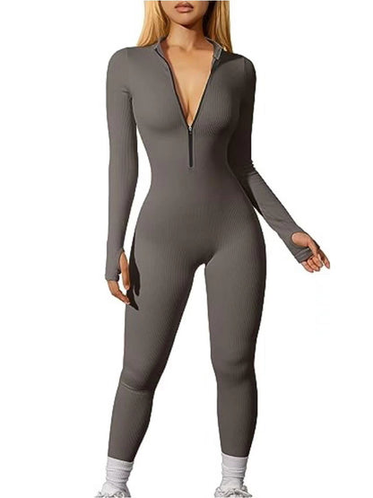 Sports Jumpsuit Workout Ribbed Long Sleeve Zipper Jumpsuit Trousers Tight