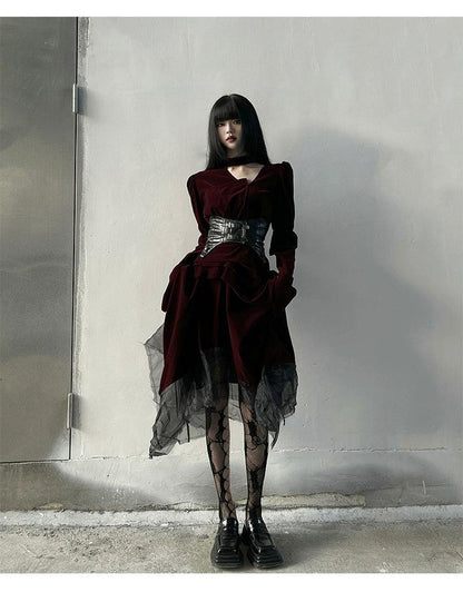 Ladyghost Gothic Victorian Maxi Dress - Burgundy Velvet and Black Mesh Layered Gown With Corset Belt