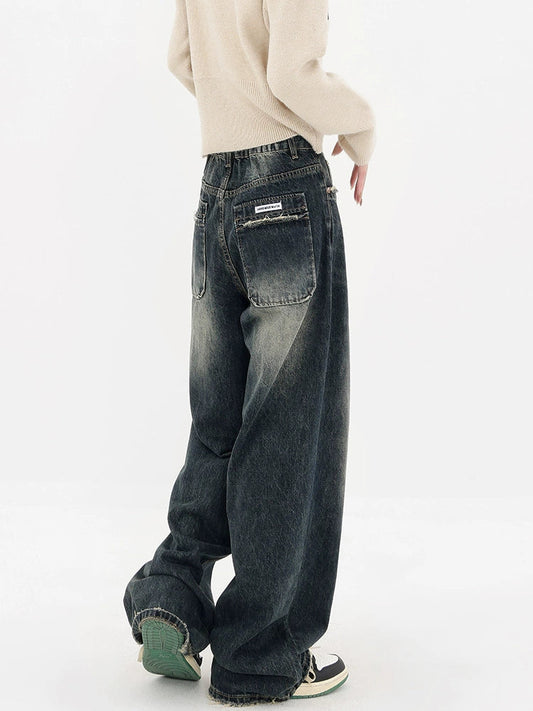 High Street Deep Blue Wide-leg Denim Pants