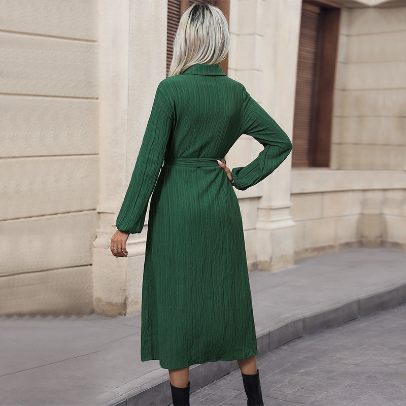 Autumn Long Sleeve Pleated Cardigan Dress Office Collared Shirt Dress