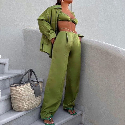 Wear Spring Summer Vacation Three Piece Suit Satin Shirt Vest Straight Leg Pants Suit