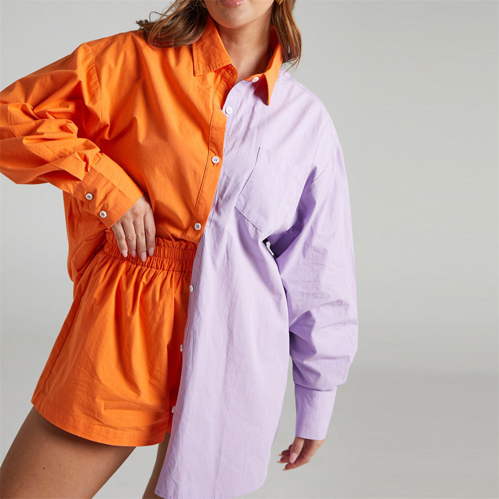 Spring Summer Two Piece Set Color Single Breasted Long Sleeve Collared Shirt Shorts Loose Set
