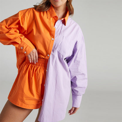Spring Summer Two Piece Set Color Single Breasted Long Sleeve Collared Shirt Shorts Loose Set