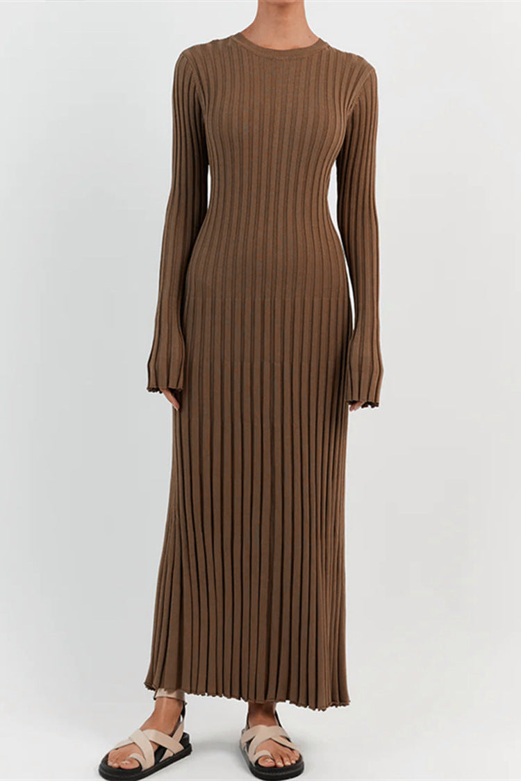 Long Sleeve Round Neck Tight Knitted Dress Autumn Sweater Dress Sunken Stripe Color Base Dress