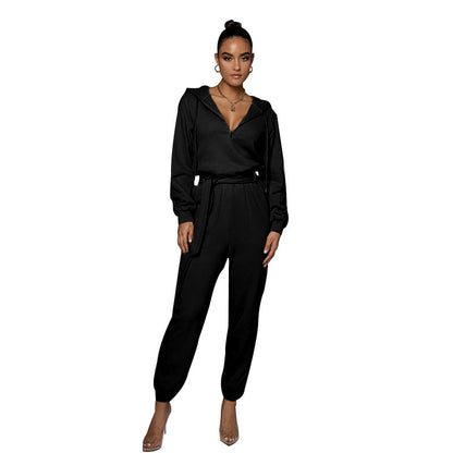 Autumn Winter Slim Fit Long Sleeve Color Hooded Half Open Collar Urban Jumpsuit