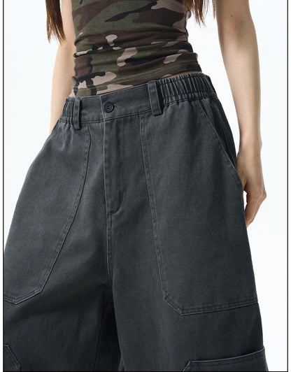 Khaki Wide-leg Cargo Shorts