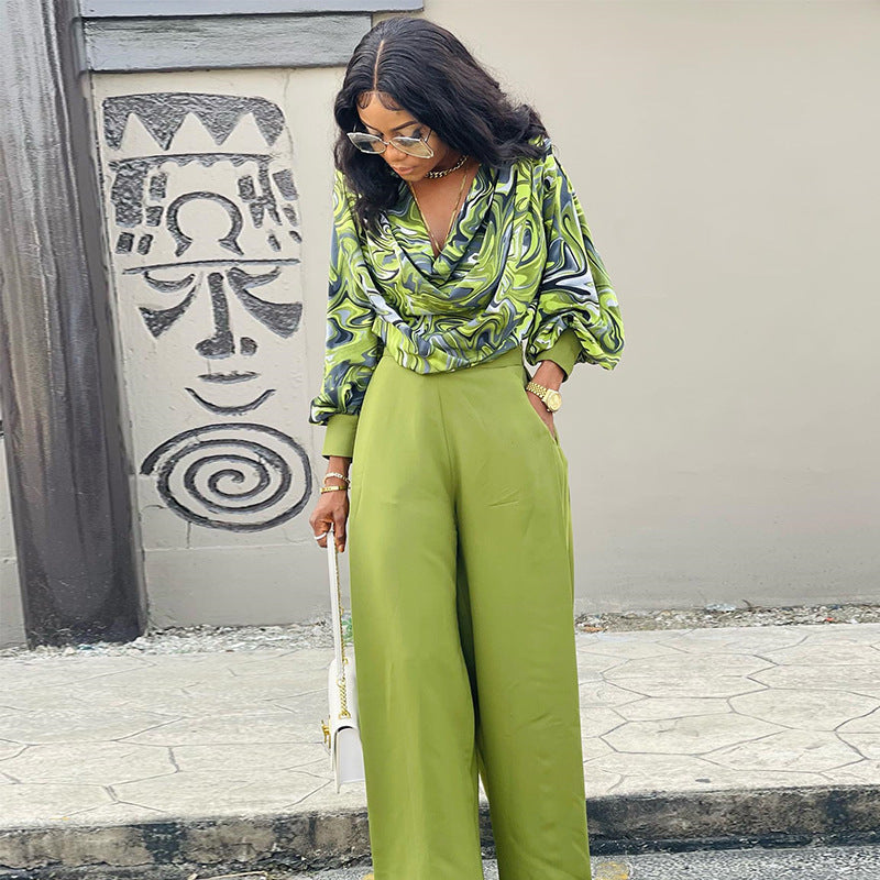 Clothing Spring Print Lantern Sleeve Shirt Wide Leg Work Pant Suit