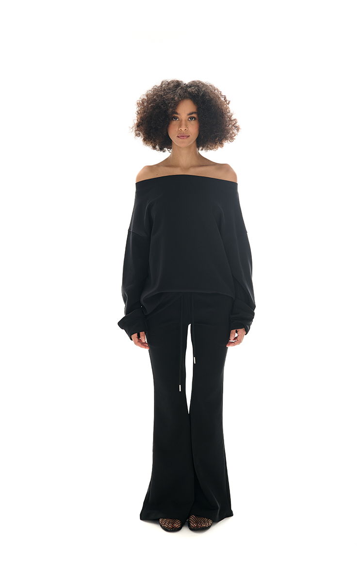 Off-the-shoulder Sweatshirt and Slight Flare Pants Set