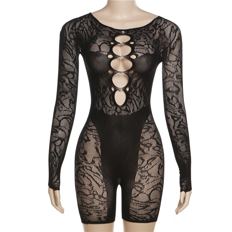 Summer See Through High Waist Long Sleeves Skinny Sheath Yoga Jumpsuit