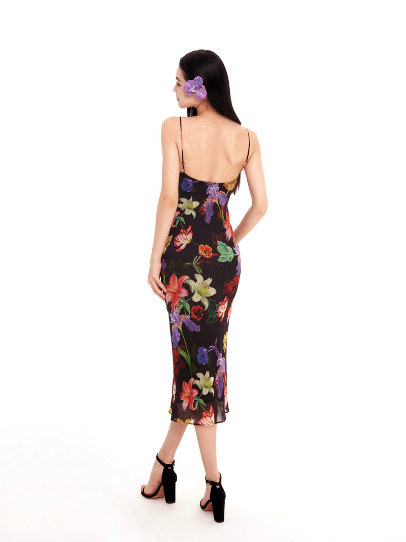 Black Tropical Print Maxi Dress