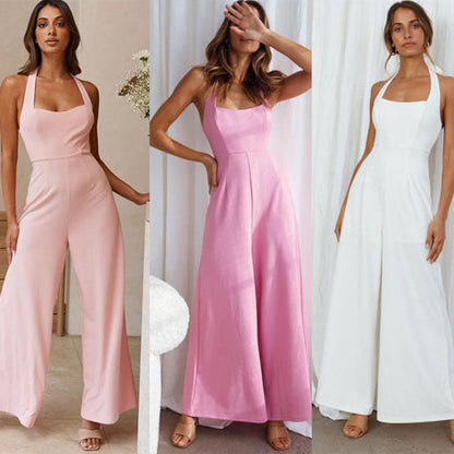 Clothing Spring Summer Color Halter Backless Wide Leg Jumpsuit