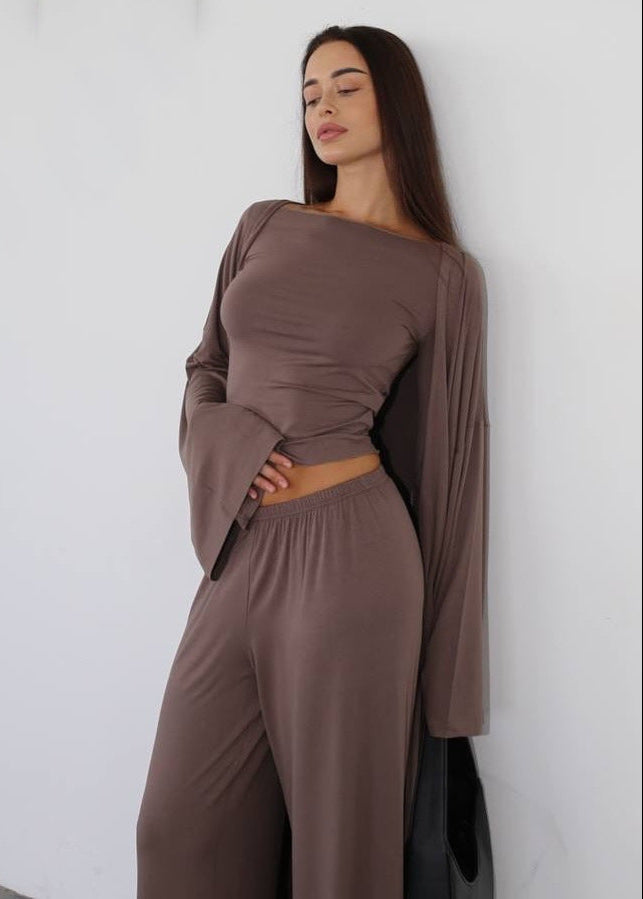 Sienna Three-piece Lounge Set – Flowy Pants, Fitted Top & Drape Cardigan