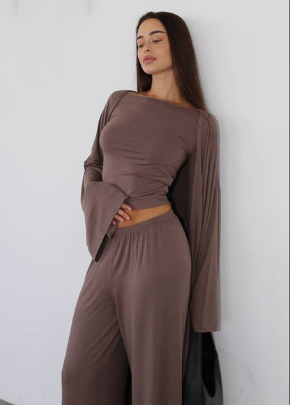 Sienna Three-piece Lounge Set – Flowy Pants, Fitted Top & Drape Cardigan