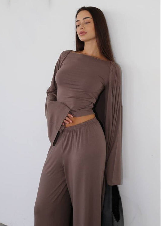 Sienna Three-piece Lounge Set – Flowy Pants, Fitted Top & Drape Cardigan