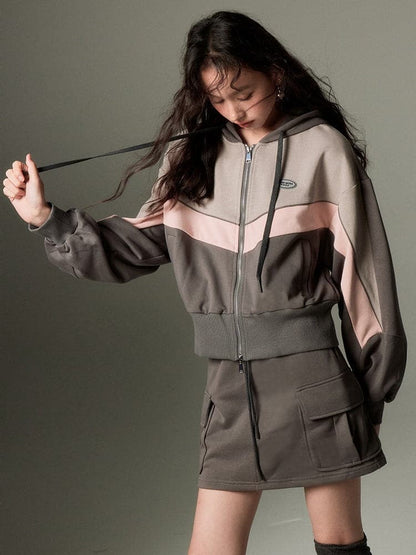 Sporty Zip-up Hoodie & Flared Skirt