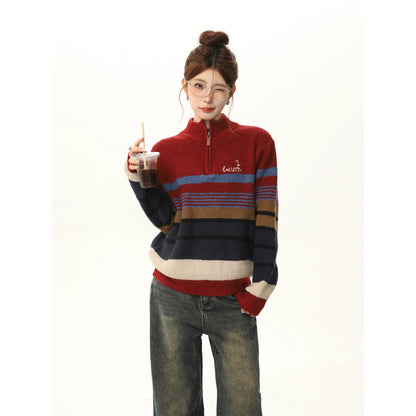 Red Color-block Striped Knit Sweater