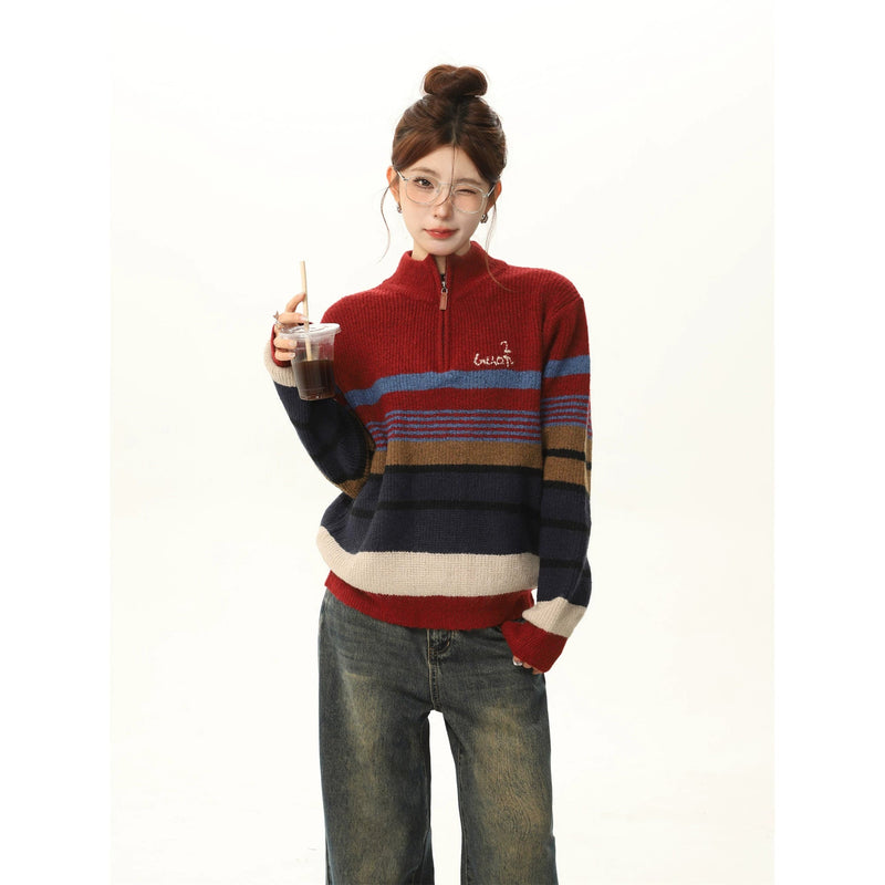 Red Color-block Striped Knit Sweater