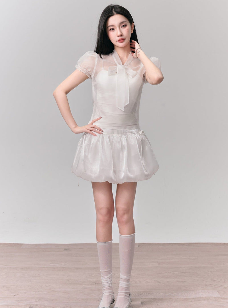 Ethereal White Summer Set: Puff-sleeve Crop Top & Scalloped Tie-side Mini Skirt