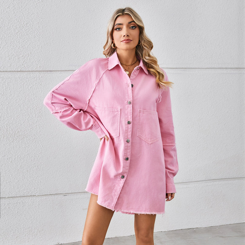 Wash Water Raw Edge Denim Dress Stitching Long Sleeve Cardigan for