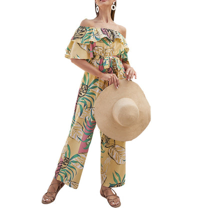 Clothing Off-shoulder Jumpsuit Summer Short Sleeve Chiffon Vacation Beach Jumpsuit