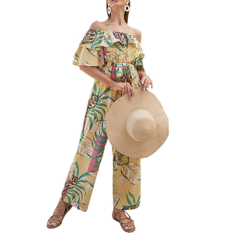 Clothing Off-shoulder Jumpsuit Summer Short Sleeve Chiffon Vacation Beach Jumpsuit