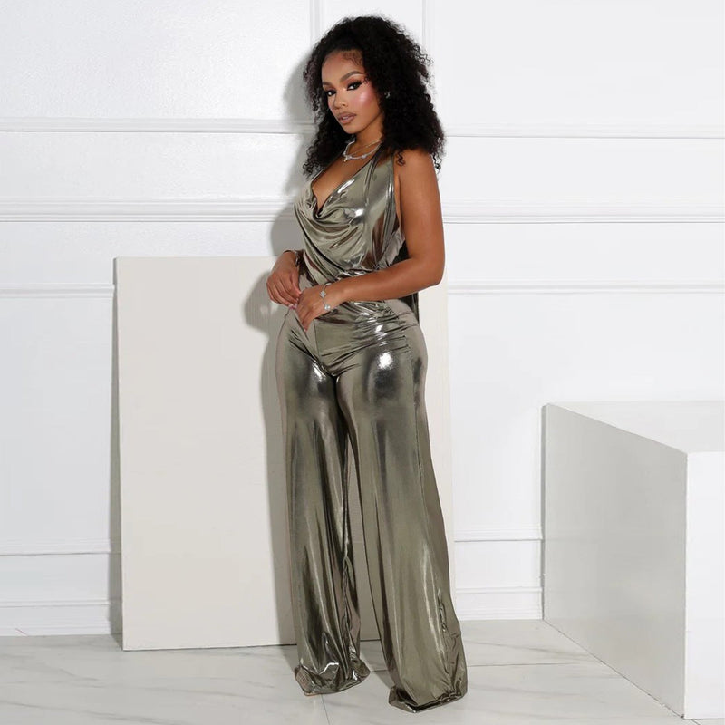 Clothing Swing Collar Halter Backless Wide Leg Jumpsuit