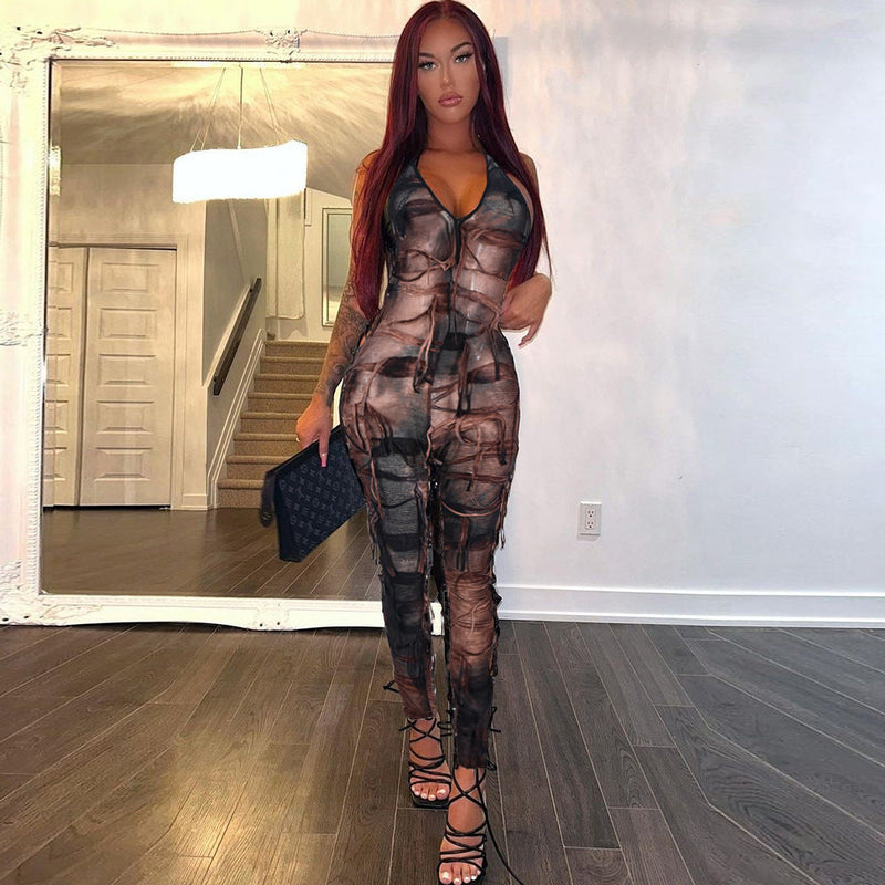 Cutout Long Halter Ripped Beggar Cloth Jumpsuit