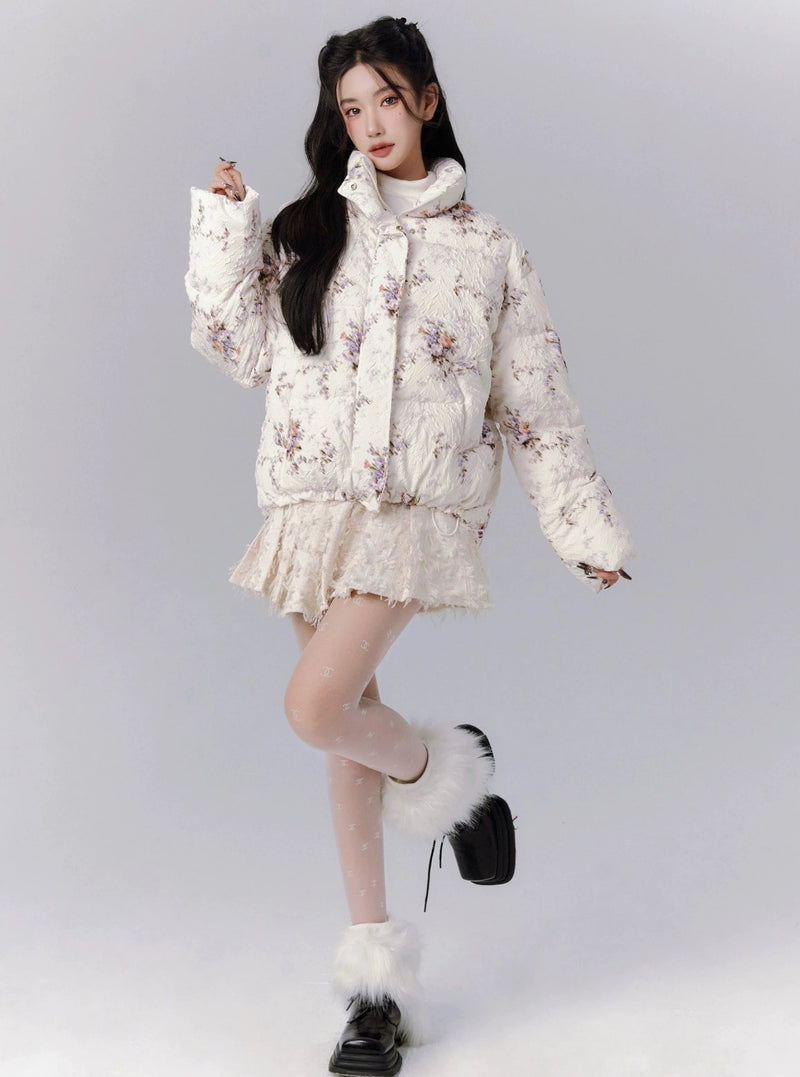 Ethereal Bloom Winter Set: Puffer Jacket and Pleated Lace Skirt