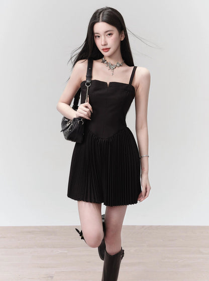 Black Pleated Mini Dress With Structured Bodice