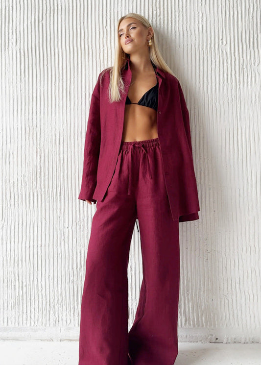 Merlot – Relaxed Cotton Shirt & Wide-leg Pants Set