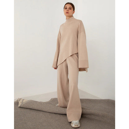 Half Turtleneck Irregular Asymmetric Sweater Suit Beveled Sweater Knitted Wide Leg Pants