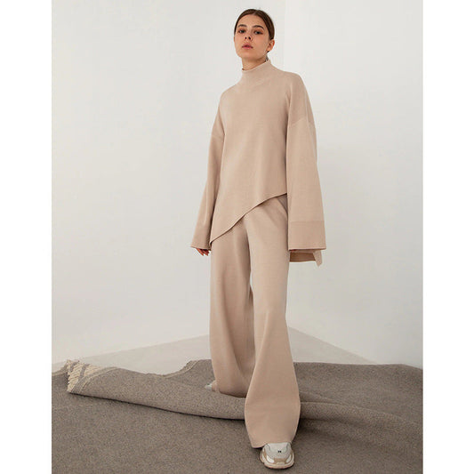 Half Turtleneck Irregular Asymmetric Sweater Suit Beveled Sweater Knitted Wide Leg Pants