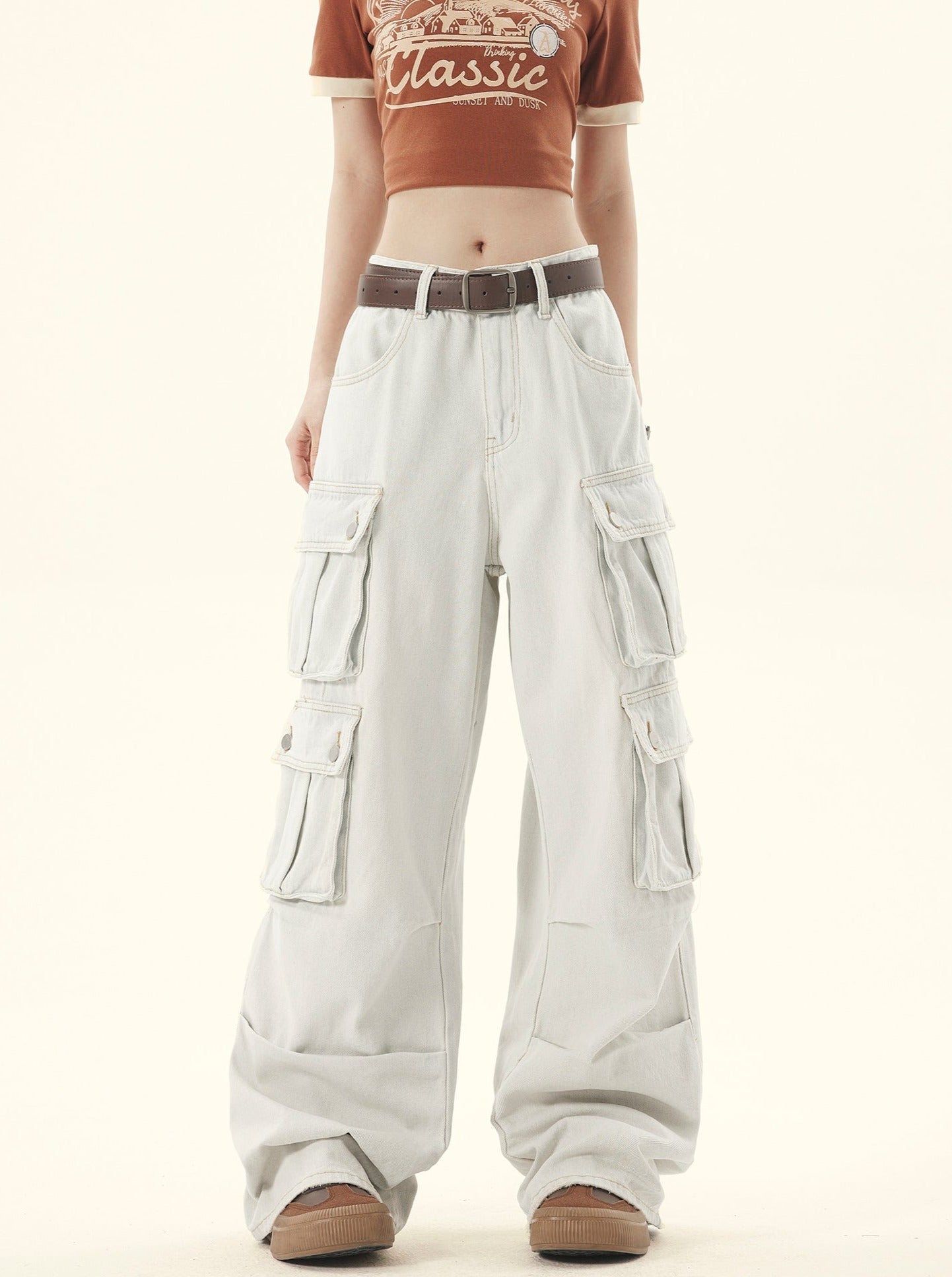 Light-washed Denim Wide-leg Cargo Pants