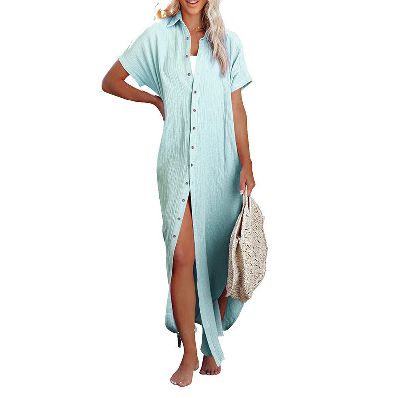 Color Shirt Simple Summer Long V-neck Single Breasted Short Sleeve Cardigan Shirt