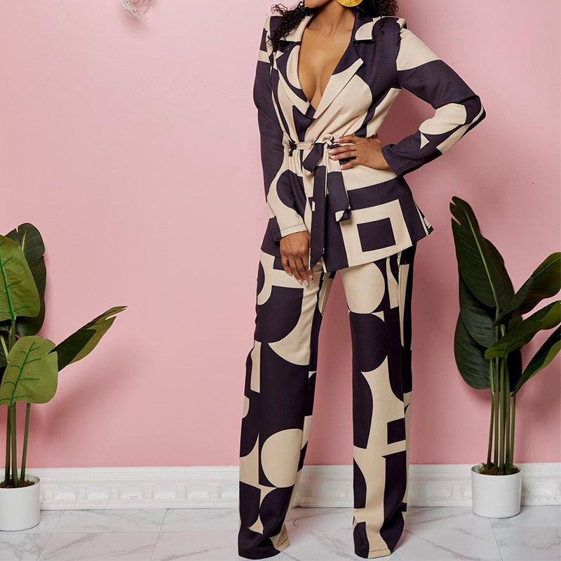 Autumn Spring Printed Collared Waist Lace Up Ankle Banded Pants Two Piece Set