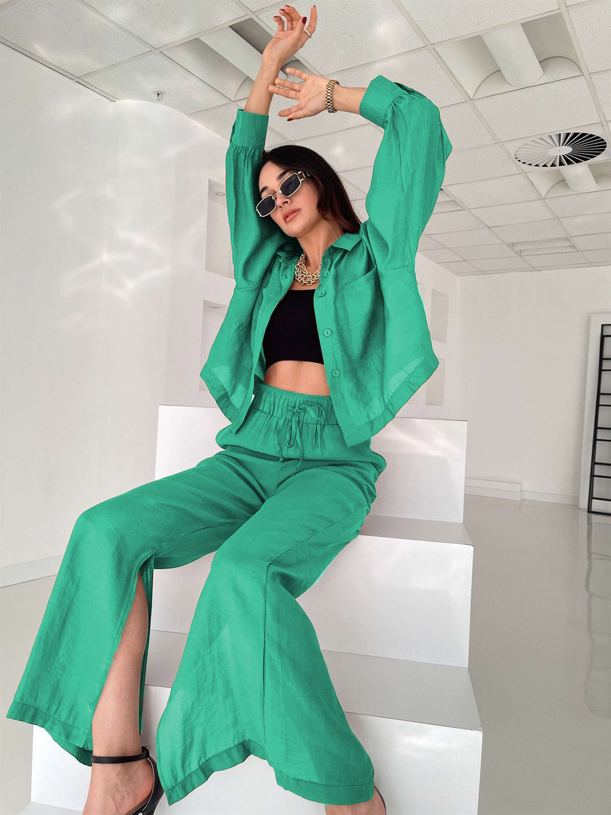 Commuting Wear Spring Summer Polo Collar Shirt Top Split Wide Leg Pants Two Piece Set Set