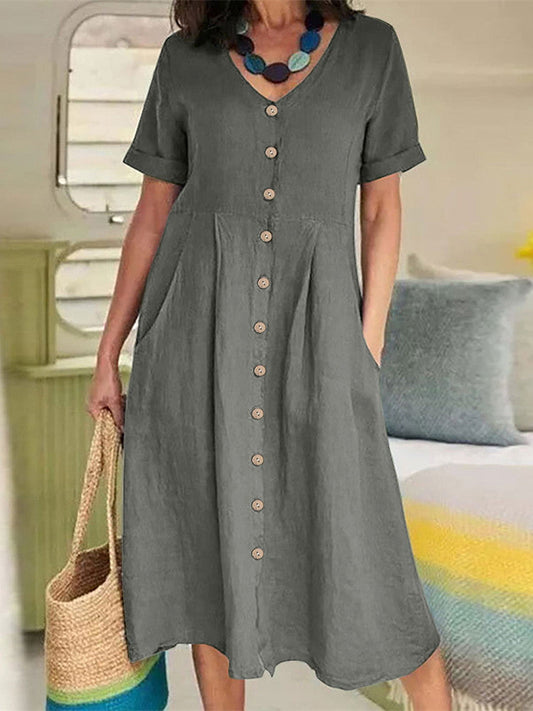 V Neck Linen Button-down Midi Dress With Pocket