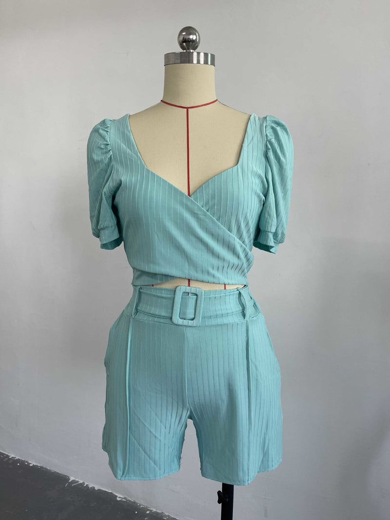 Puff Sleeve Short Shirt High Waist Shorts With Belt Coord Set
