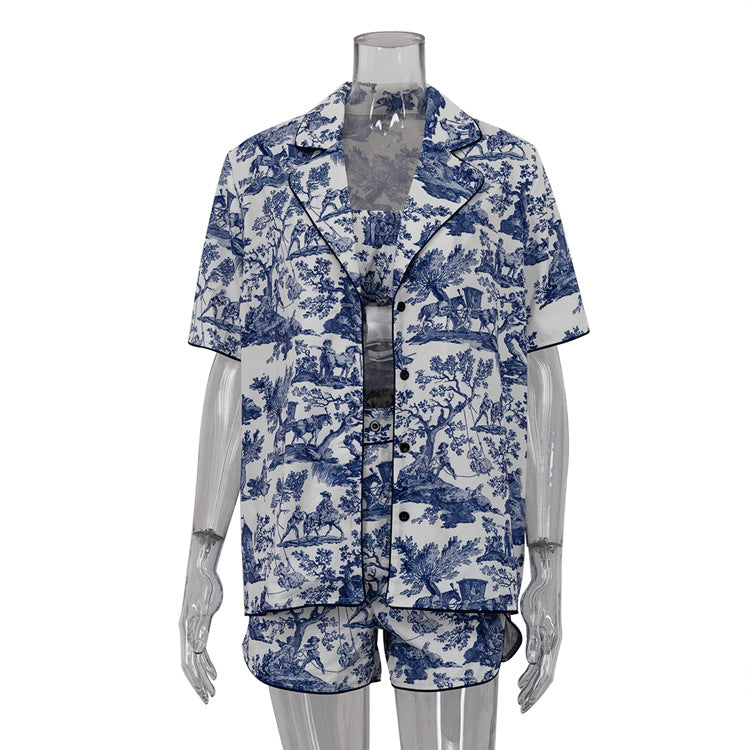 Chinese Ink Printing Shirt Suspender Shorts Three Piece Retro Set Clothing