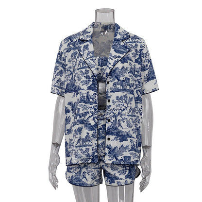 Chinese Ink Printing Shirt Suspender Shorts Three Piece Retro Set Clothing