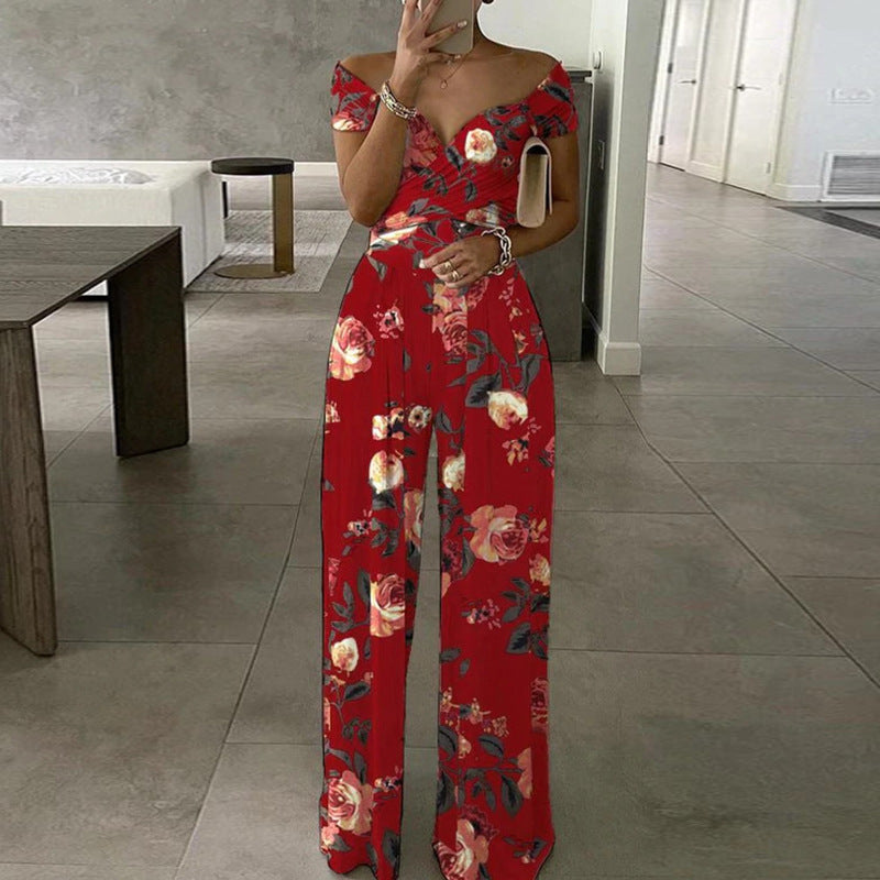 Spring Autumn Clothing Off Shoulder Printing Office Printed Waist Controlled Jumpsuit