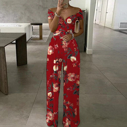 Spring Autumn Clothing Off Shoulder Printing Office Printed Waist Controlled Jumpsuit