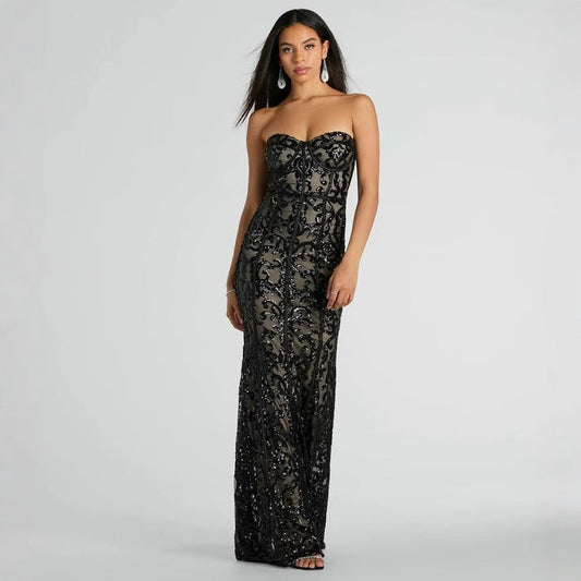 Party Sequined Socialite Formal Dress Black Tube Top Dress Maxi Dress