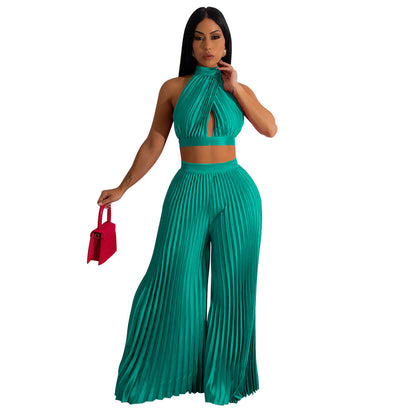 Clothing Halter Backless Artificial Silk Pleated Wide Leg Pants Two Piece Set