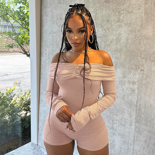Clothing Off Shoulder Pleating Long Sleeve Tight High Waist Romper