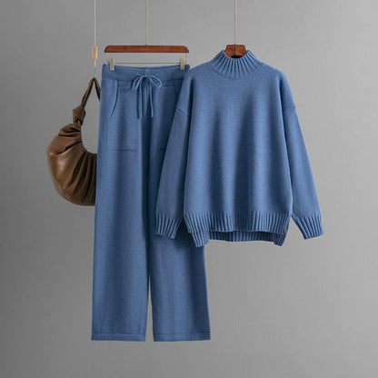 Cold Proof Knitted Suit Thick Loose Sweater Half High Collar Long Sleeves Two Piece Suit