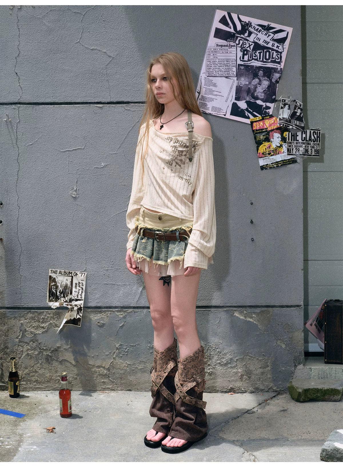 Cest Nous Layered Denim Mini Skirt - Distressed Patchwork Skirt With Belt