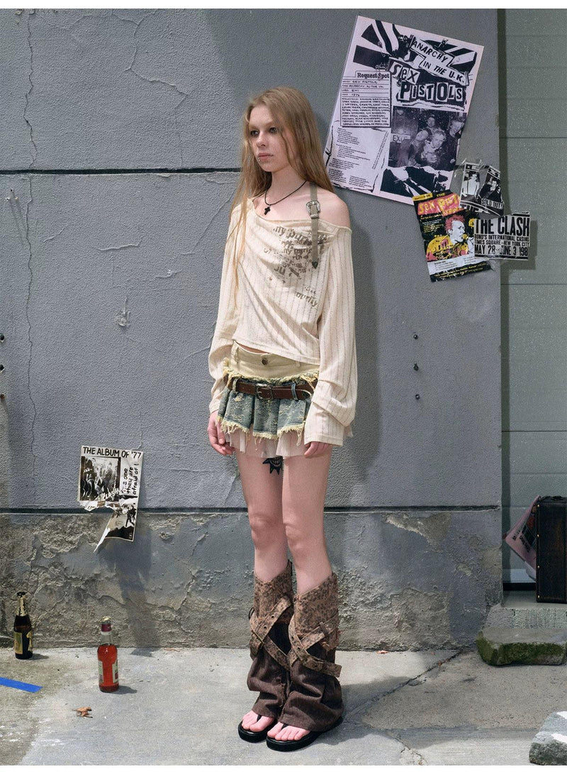 Cest Nous Layered Denim Mini Skirt - Distressed Patchwork Skirt With Belt
