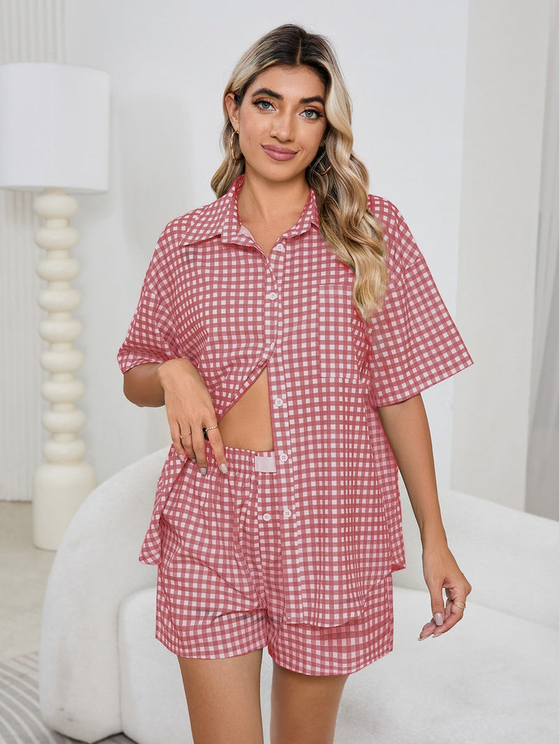 Comfortable High Waist Loose Wide Legs Retro Plaid Shorts Checked Shirt