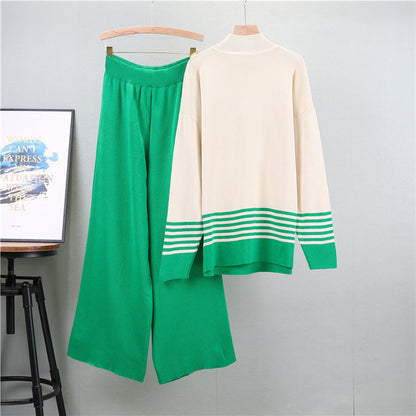 Green - Striped Half-turtleneck Sweater Two Piece Set